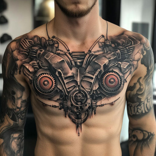 Chest piece tattoo with biomechanical design