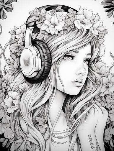 The flower girl in an image of headphones coloring pages