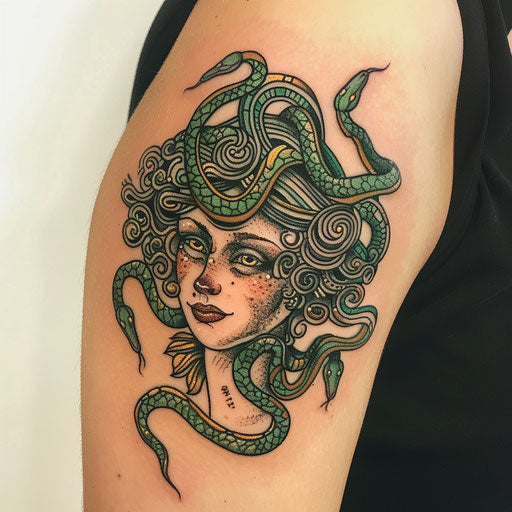 Gorgon head with green snakes on white