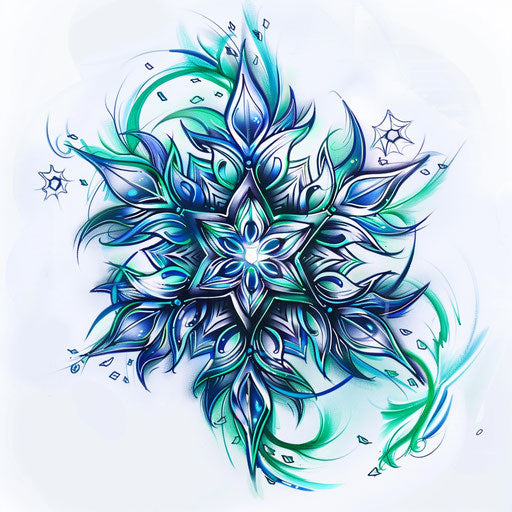 Dynamic tattoo sketch of a swirling snowflake in clipart style, highlighted with neon green and blue