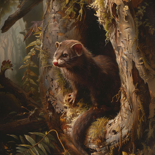 A wild mink surveying its surroundings from a hollow tree in a lush forest.