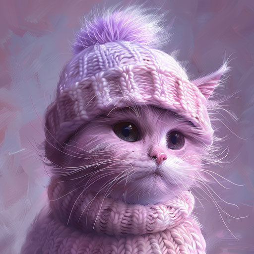 Pink cat in a white knitted hat 4k wallpaper