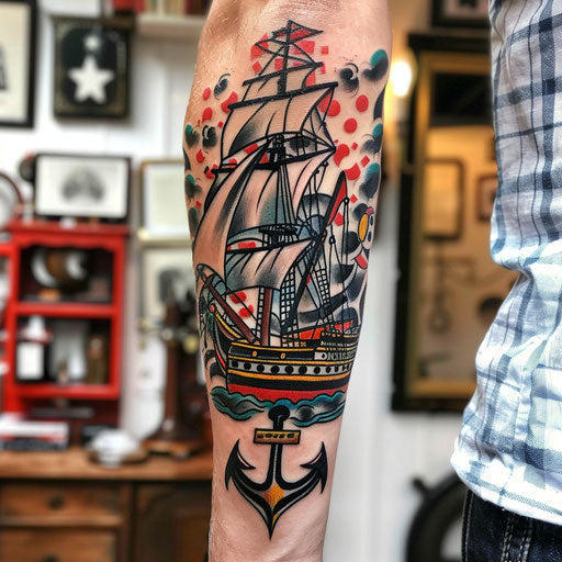 Men's forearm tattoo: ship and anchor, Sailor Jerry style