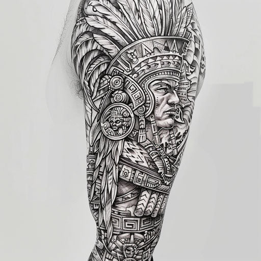 Sketch of ancient Aztec symbols and warriors tattoo, full sleeve for men