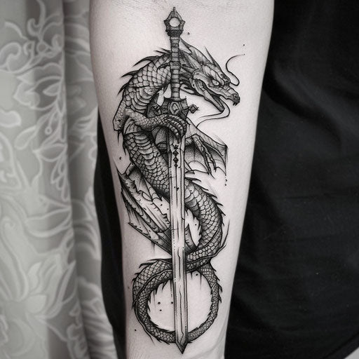 Black ink tattoo of a dragon wrapped around a sword, on a white canvas
