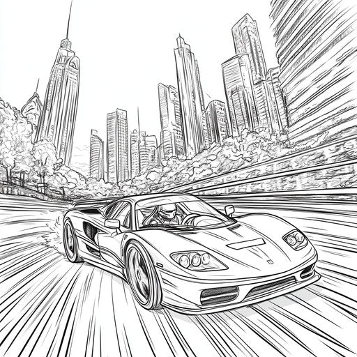 Speeding race car in urban scenery, Stephen Wiltshire style, Coloring page