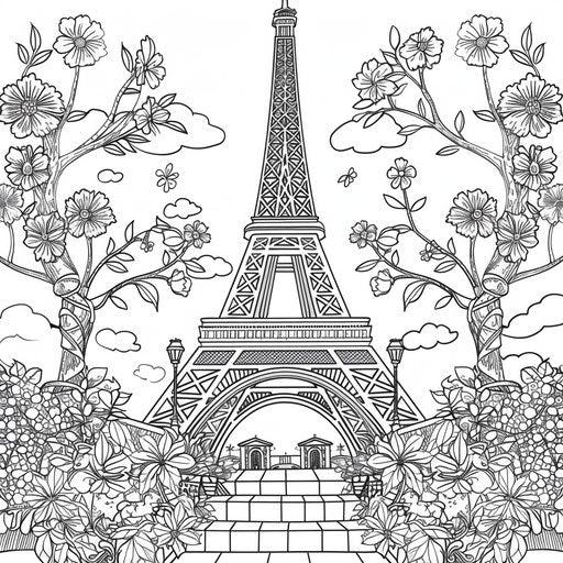 Romantic Eiffel Tower with flowers and vines coloring page