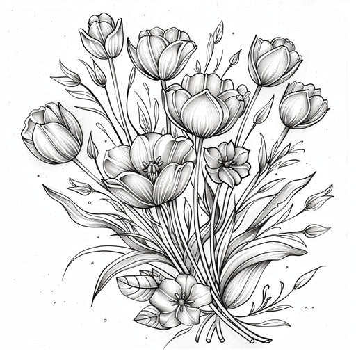 Intricate bouquet of tulips in a coloring book