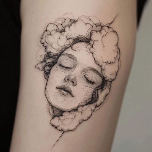 Elegant flat tattoo sketch of a sleeping face with dreamy cloud-like hair
