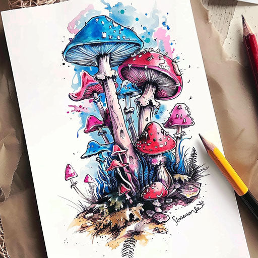 Whimsical mushroom forest tattoo bursting with color