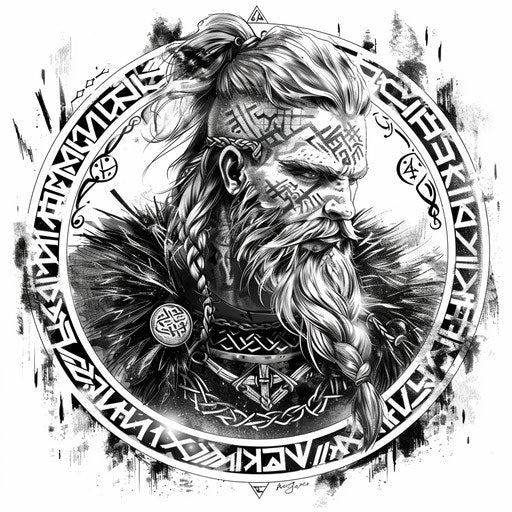 Sketch of a mystical tattoo of Baldur surrounded by Norse runes