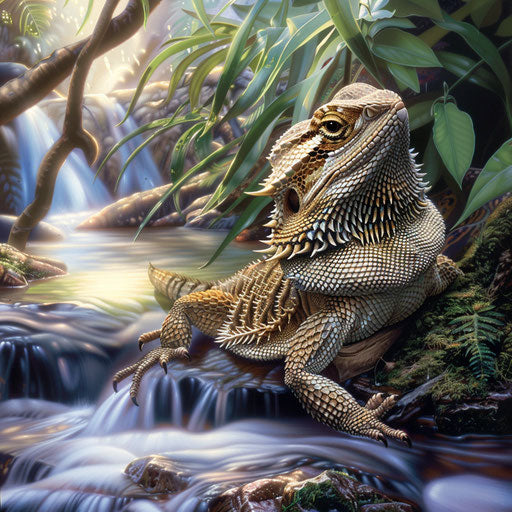 A bearded dragon resting by a gentle stream