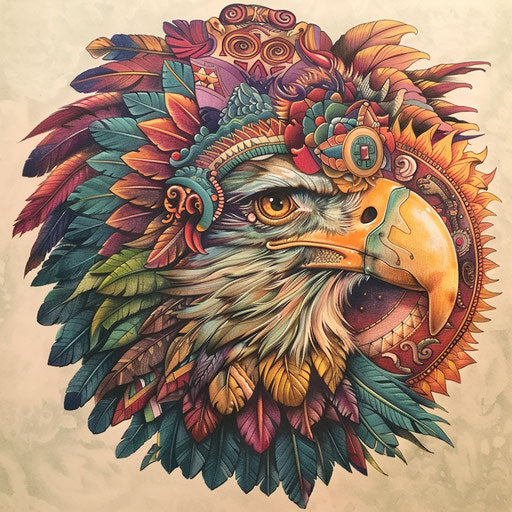 Sketch of a tattoo of a Chicano art eagle with Aztec sun, majestic and colorful