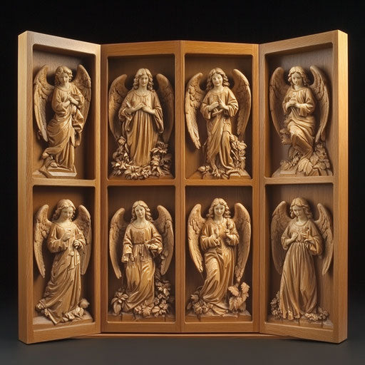Angels carved on wooden advent calendar, each door reveals celestial figure