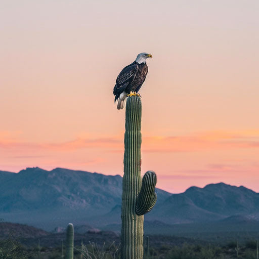American eagle on cactus in Sonoran Desert at sunset