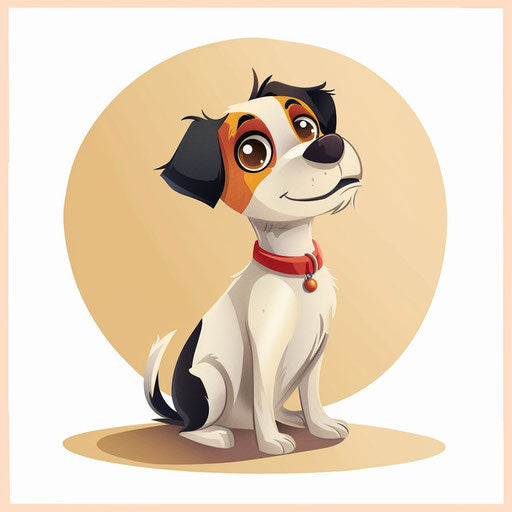Cartoon dog in photo realistic style with a flat random background, vibrant tones and enhanced clarity