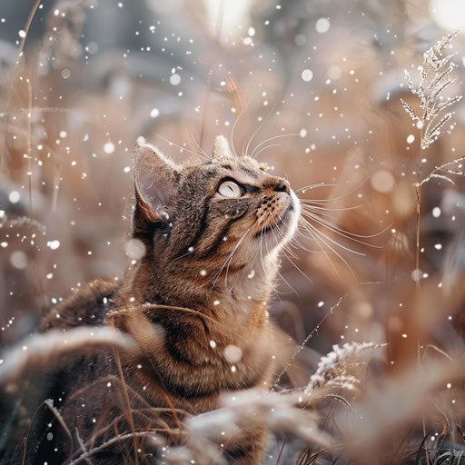 Tortoise cat in a field while it is snowing