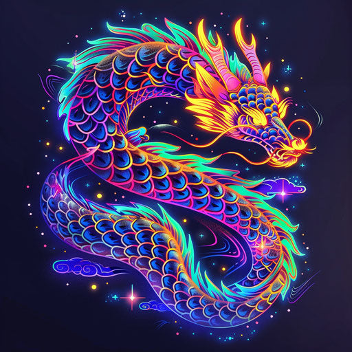 Flat tattoo sketch of a neon dragon with glowing scales