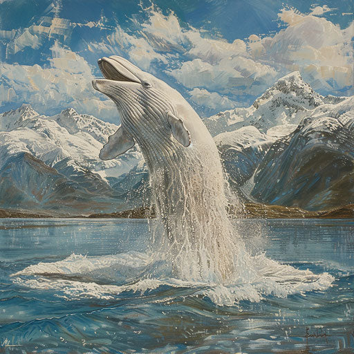 A beluga whale splashing in front of snow-covered mountains