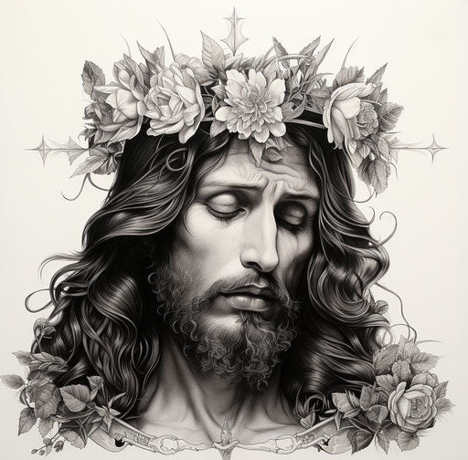 Jesus and a crown of roses, black and white drawing