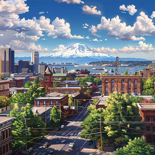 Hyper realistic city of Tacoma, Washington during the day with Mt Rainier visible and Commencement bay