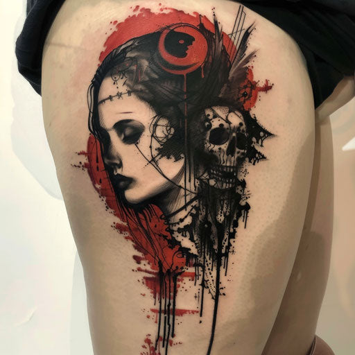 Red tattoos with gothic elements, Gerald Brom style