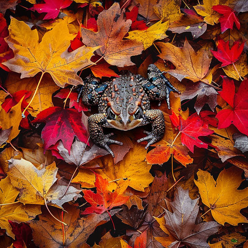 Toad among vibrant autumn leaves on the forest floor
