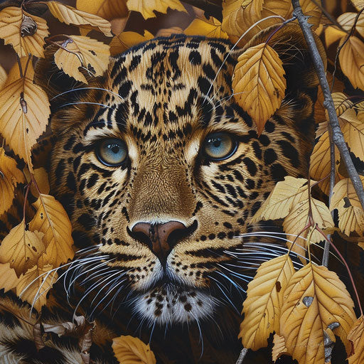 Close-up of an Amur leopard camouflaged in golden autumn leaves