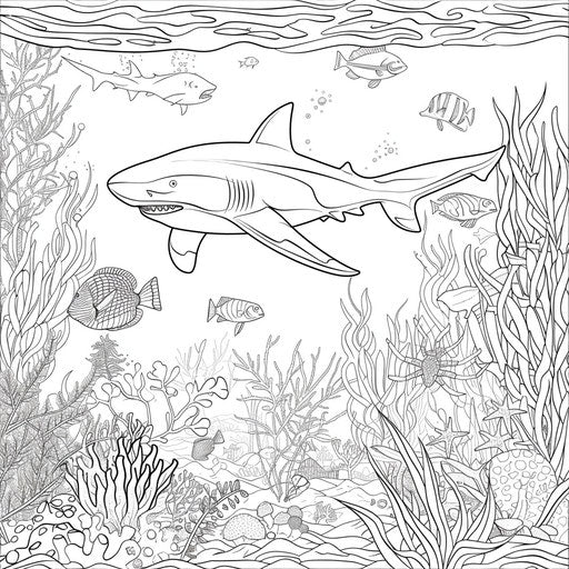 Fierce shark swimming in a coral reef with other sea creatures