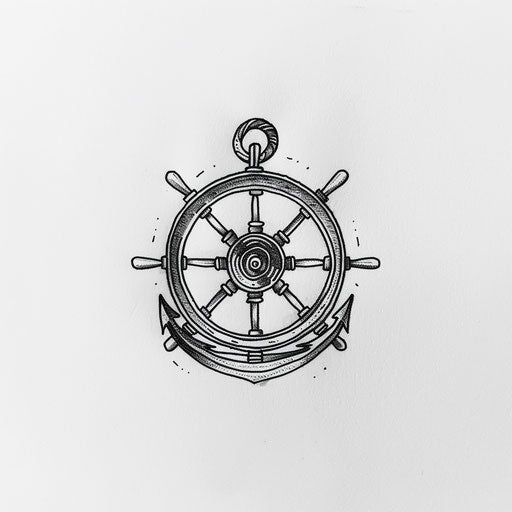 Minimalistic navy tattoo of a sailor's knot and wheel