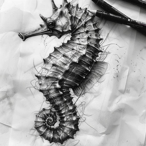 Hyper-realistic seahorse tattoo sketch in black and grey with detailed shading and texture