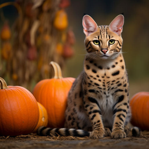 a serval cat resting with pumpkins