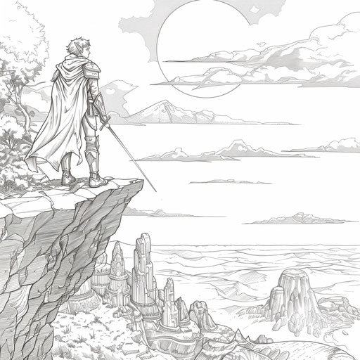Heroic elf on a cliff, looking out over a fantasy landscape