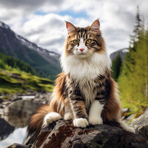 Norwegian forest cat sitting in front of mountain scenery
