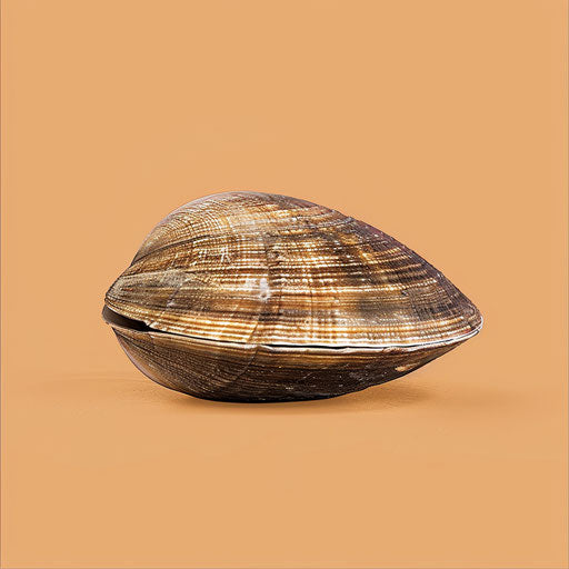 Photo-realistic style illustration of clam clipart with flat random background, high contrast and saturated hues