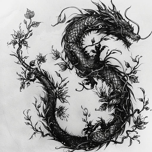 Intricate flat tattoo sketch with black dragon intertwined with thorny vines
