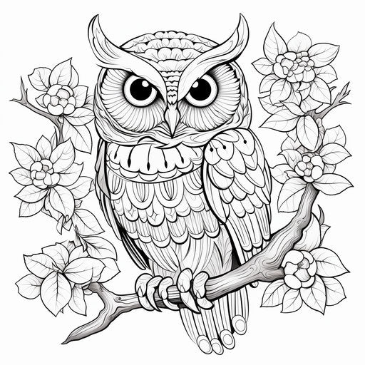 Owl on tree branch for adult coloring, famous artists style