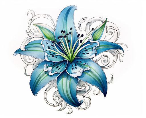 Blue lily drawing in the style of classic tattoos