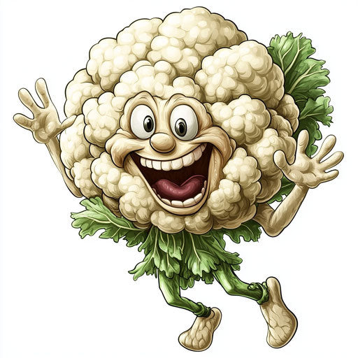 Humorous caricature of a cauliflower with human characteristics