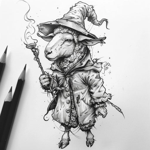 Whimsical flat tattoo sketch of a sheep dressed as a whimsical wizard with a magic wand