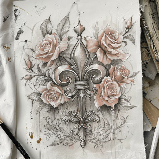 Romantic tattoo sketch of a fleur de lis with soft roses and gentle blush pink shades