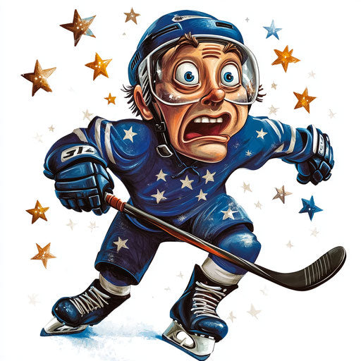 Humorous caricature of a hockey caricature clipart with human characteristics, exaggerated googly eyes, short legs, surrounded by stars, vibrant colors, cartoon style, surprised, high-resolution, no background, isolated