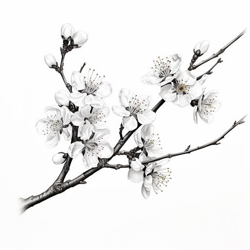 Black and white drawing of an apricot blossom, minimalistic