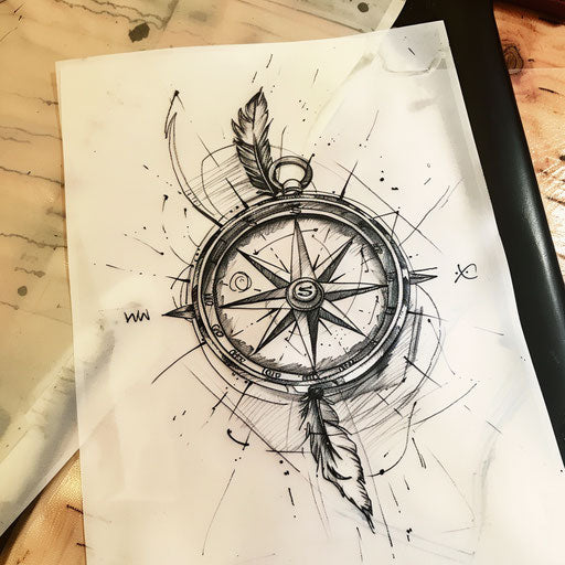 Artistic sketch of a compass with a feather