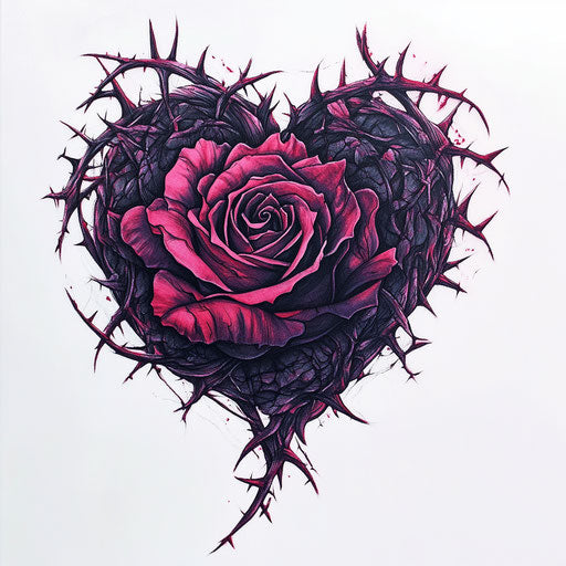 Black rose with thorns in heart shape, red and pink