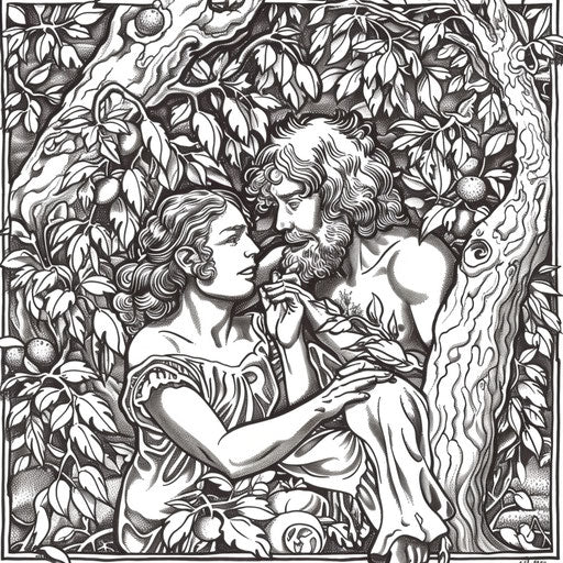 Adam and Eve hiding among the trees after eating the forbidden fruit. Coloring book page
