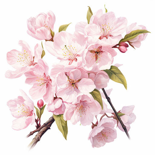 Cherry Blossom Clipart in Oil Painting Style, White Background