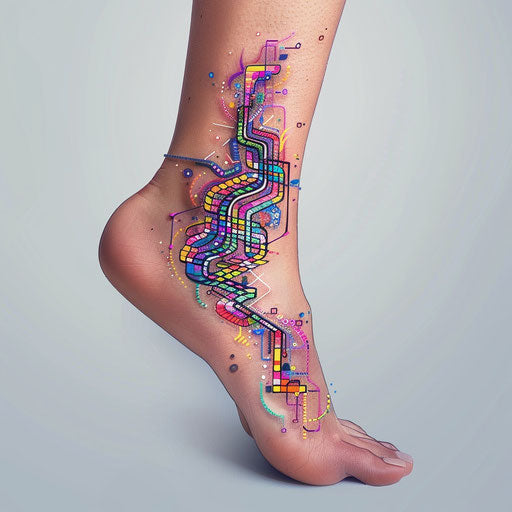 Modern flat tattoo sketch of an ankle bracelet with digital glitch and pixelated details