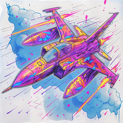 Bold neon tattoo sketch of a fighter jet with lightning bolts