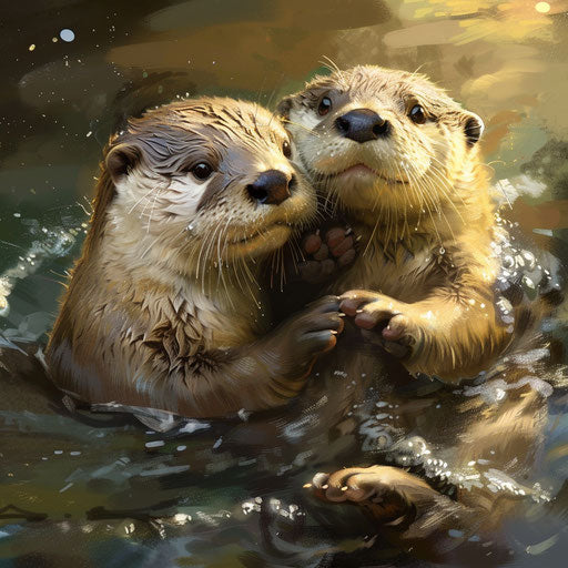 Two otters holding paws drifting in the gentle river current
